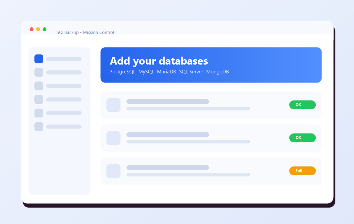 SQLBackup screen for adding and testing database connections